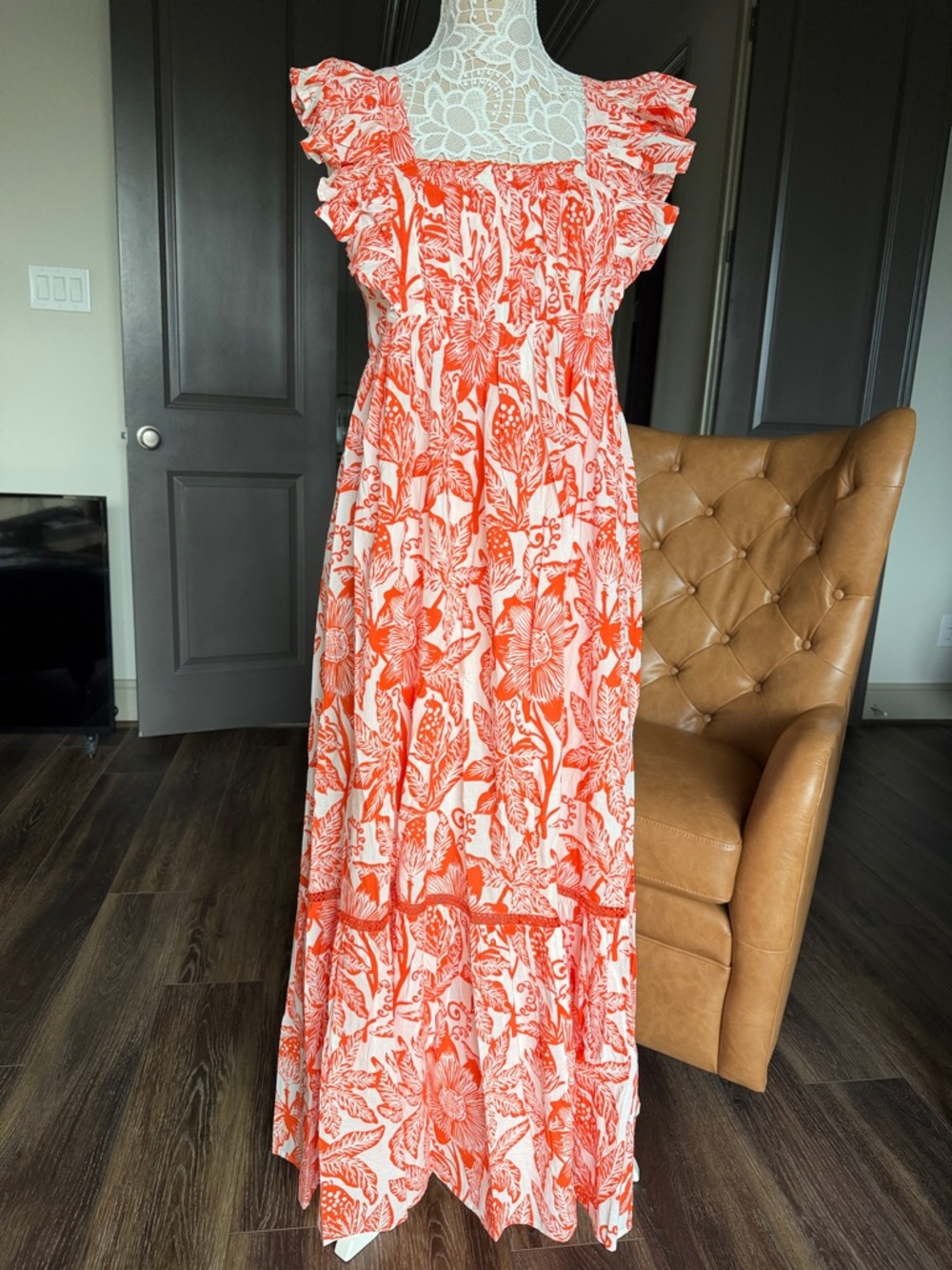 Ro’s Garden/Anthropologie Coral Floral Fluttered-Sleeve Dress